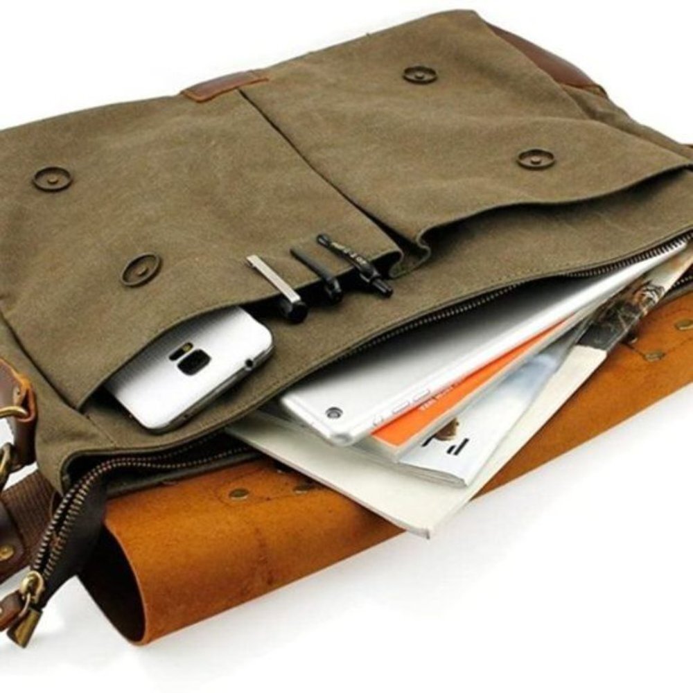 NEW Genuine Leather Canvas Messenger Bag Green​ - Picture 8 of 10
